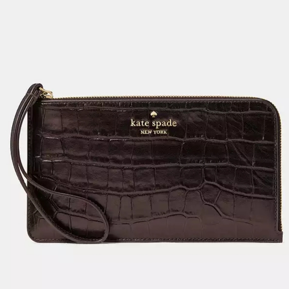Kate Spade Lucy‎ Croc Embossed Medium L-Zip Wristlet Brown $159